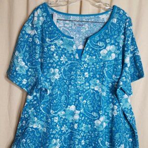 Womens All American Top Tunic Teal Flowers 2X NWOT